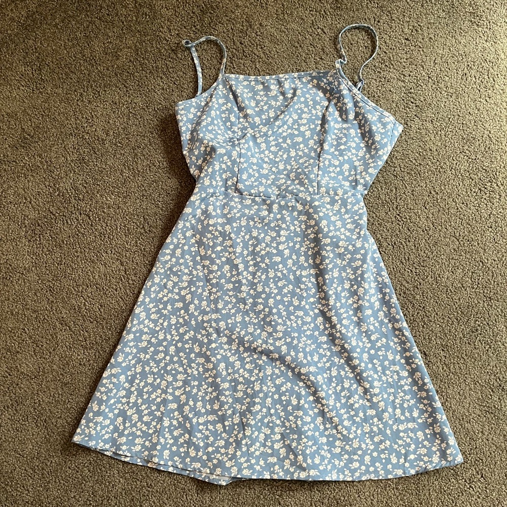 Blue mini dress with thick ties in the back